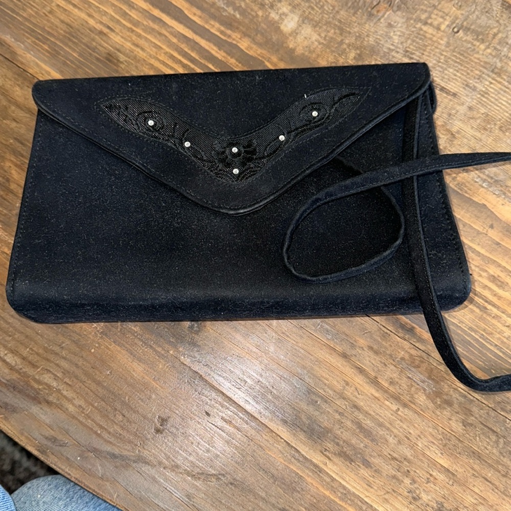 Velvet evening bag with lace accent and stones